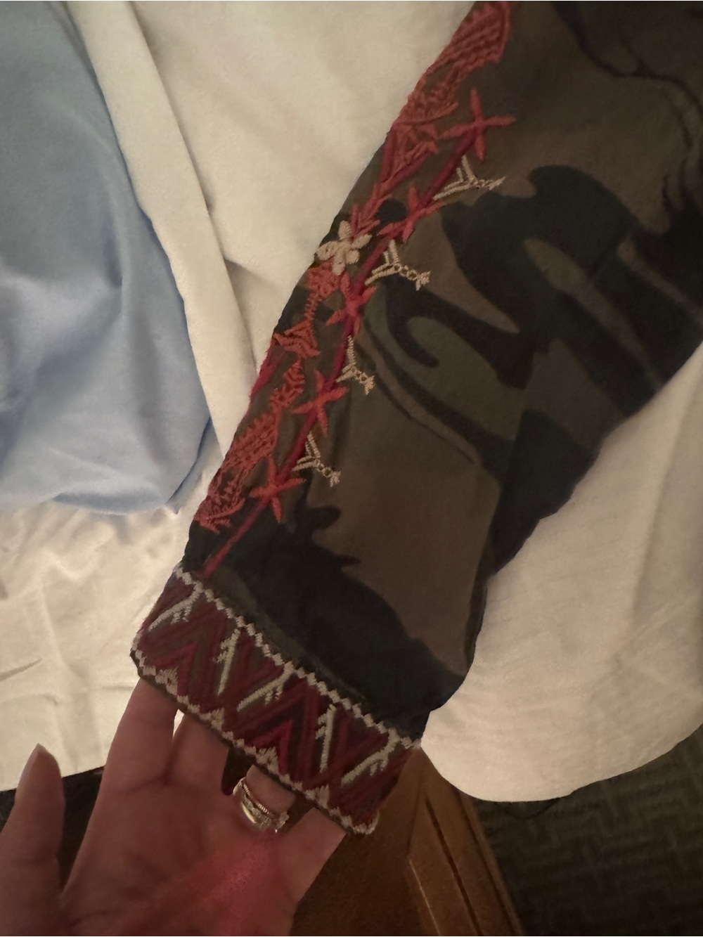 Johnny Was Olive Camo Embroidered Peasant Blouse with Red Floral Accents - Picture 4 of 4